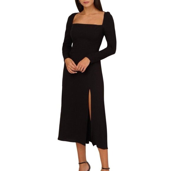 New ADRIANNA PAPELL Womens Size 8 Black Midi Dress Square-neck Light Crepe NWT - Picture 1 of 11
